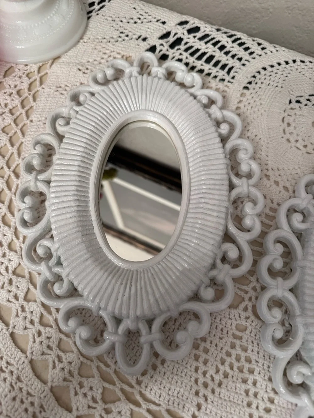 Vintage Home Interior White Ornate Oval Wall Mirrors - Set of 2